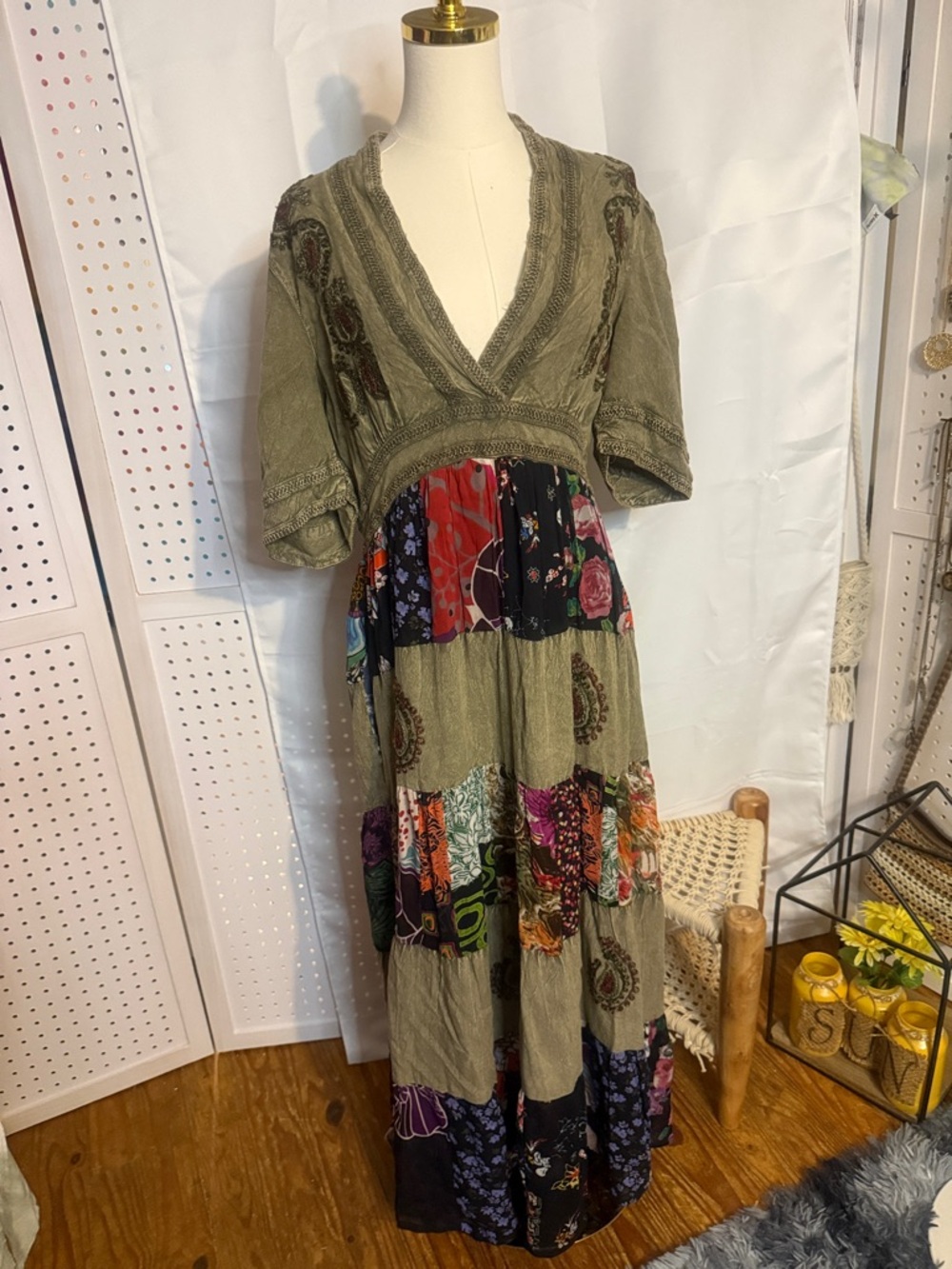 Bohemian Patchwork Maxi Dress in Gravel size large